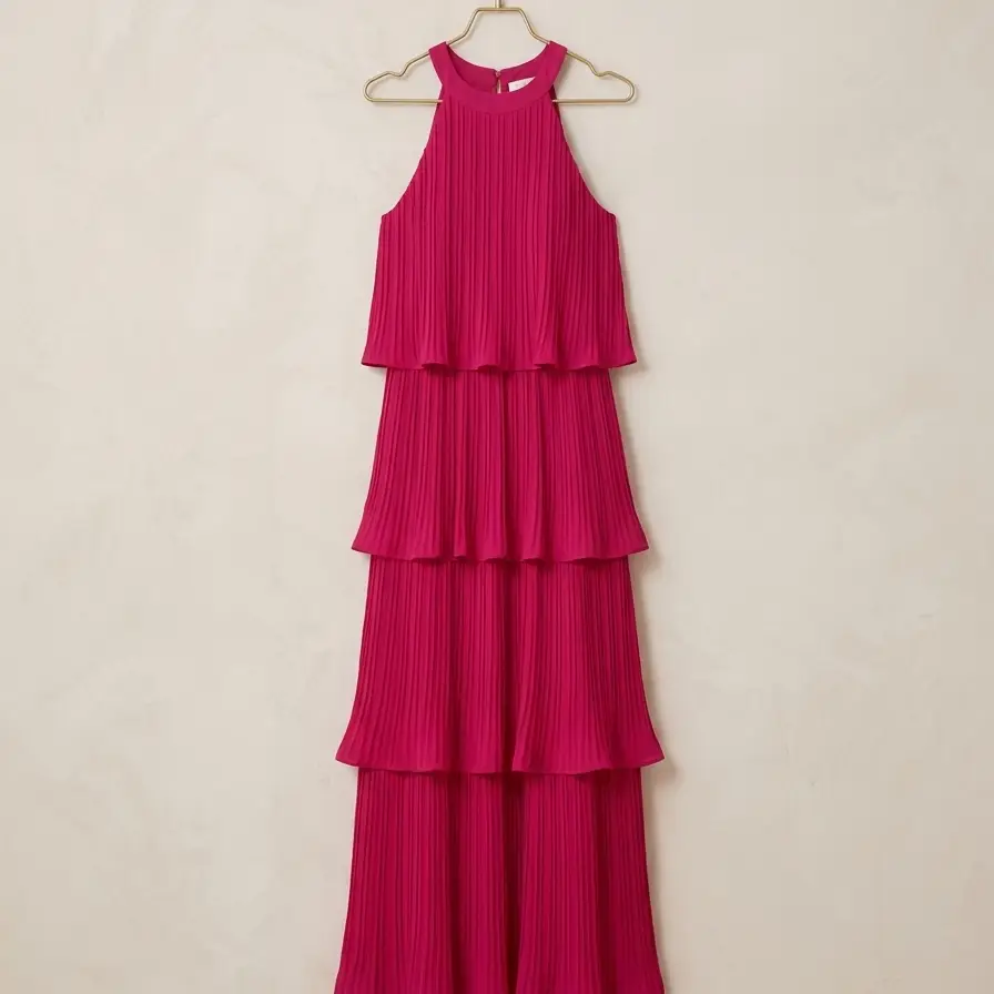 Vestido Maxi "Magenta Plissé" – Elegancia en Capas Talla S's photo #1