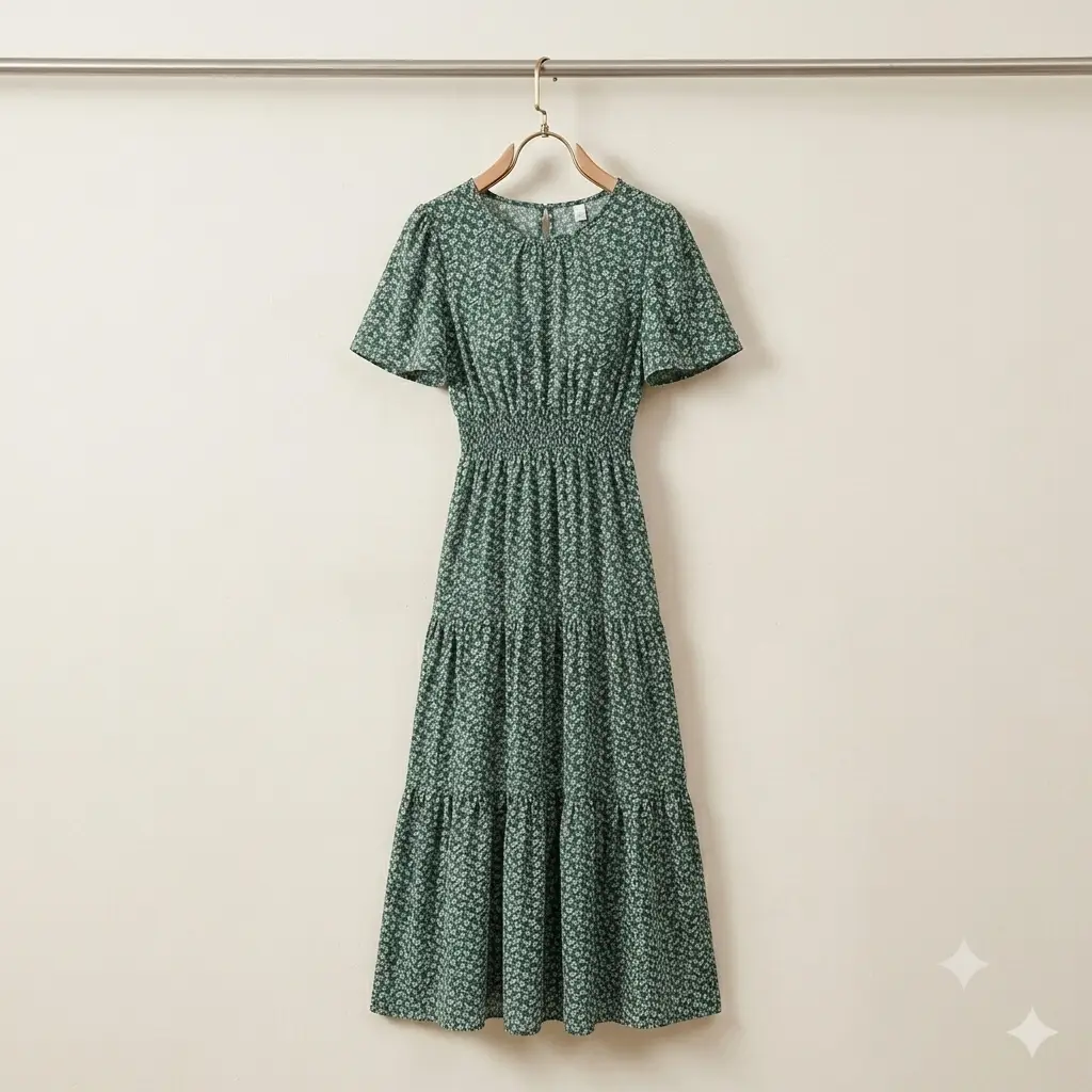 Vestido Midi Boho Verde Floral – Edición Smock Talla S's photo #1