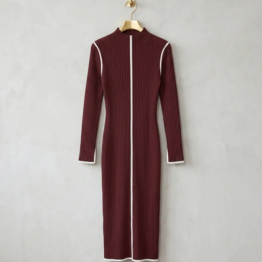 Vestido Midi Ajustado de Punto Acanalado Granate MEROKEETY - Talla M's photo #1
