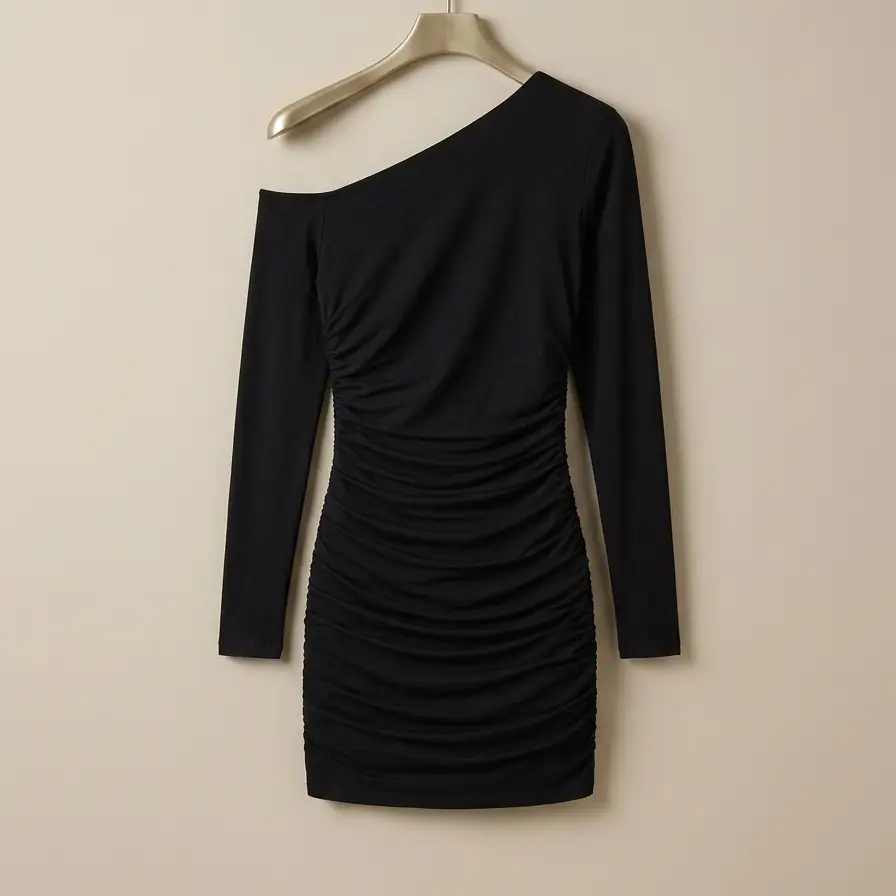 Vestido Mini Asimétrico Drapeado YOXUA- Negro Talla S, L's photo #1