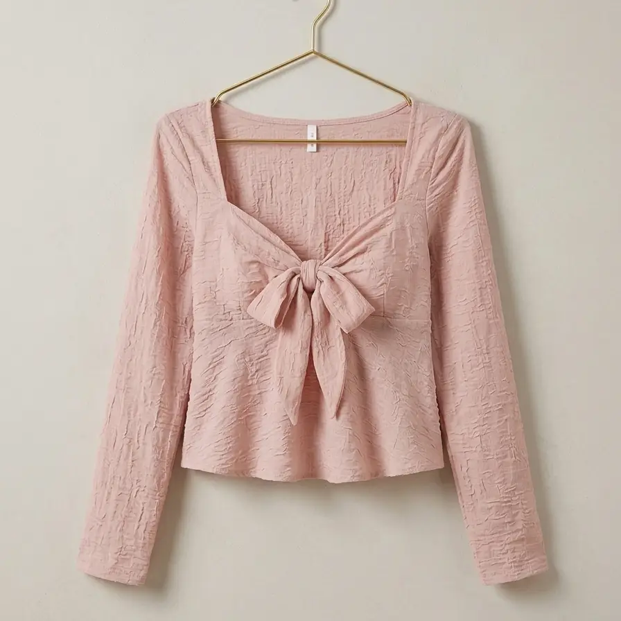 Blusa Estilo "Cider" de Encaje Texturizado en Rosa Palo con Lazo Frontal - Talla L's photo #1