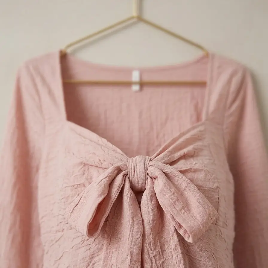 Blusa Estilo "Cider" de Encaje Texturizado en Rosa Palo con Lazo Frontal - Talla L's photo #1