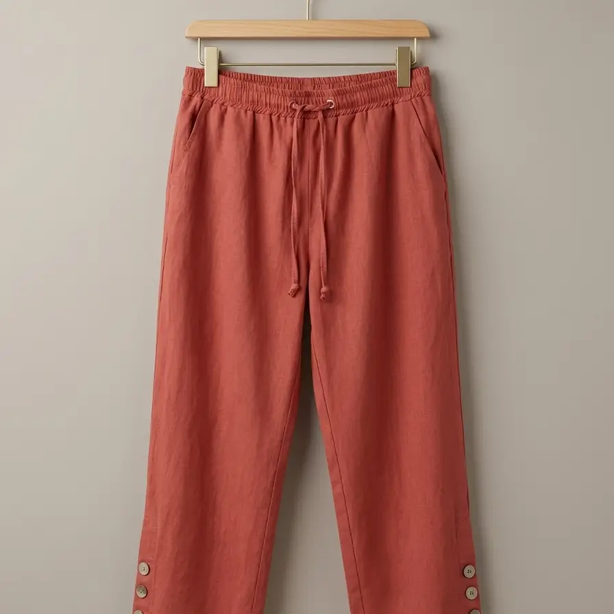 Pantalones Culotte de Lino y Algodón con Detalle de Botones Tono Terracota's photo #1