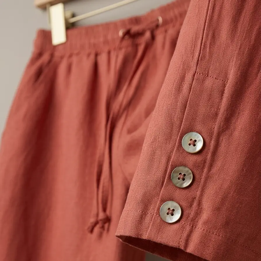 Pantalones Culotte de Lino y Algodón con Detalle de Botones Tono Terracota's photo #1