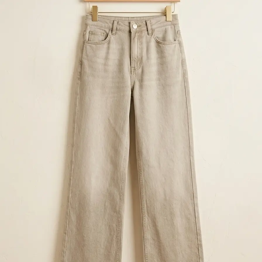 Pantalón Jeans "Beige Arena" con Bajo Deshilachado Talla S's photo #1