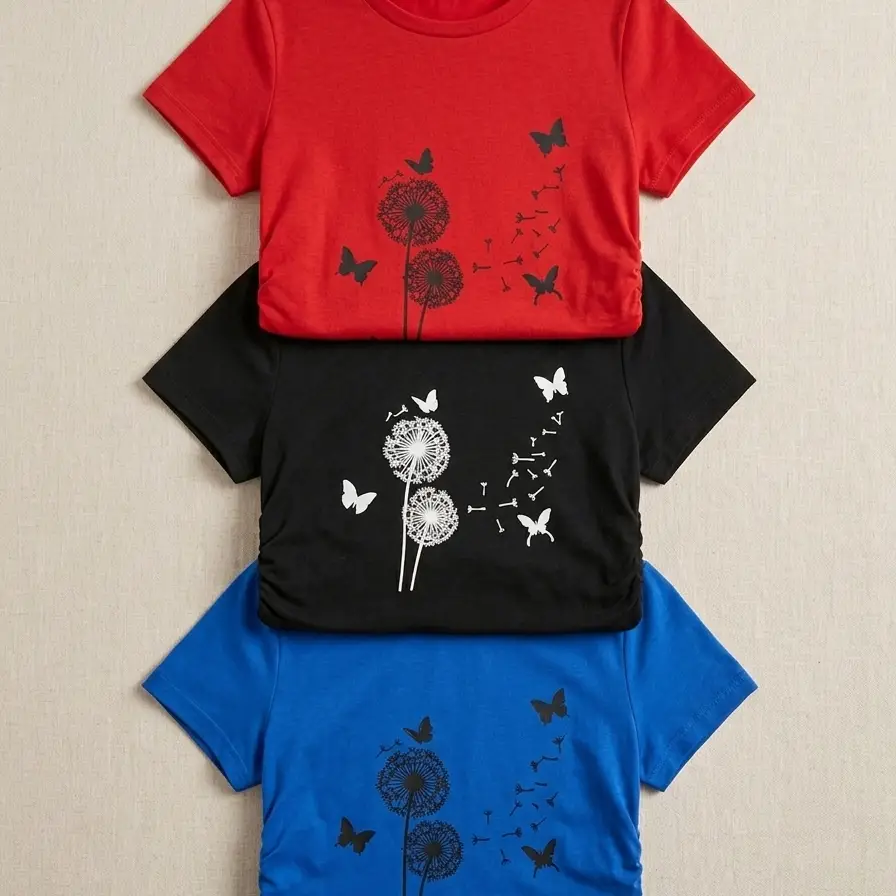 Camiseta de Estilo Casual con Diseño de Diente de León y Mariposas Rojo, Negra y Azul Talla S's photo #1