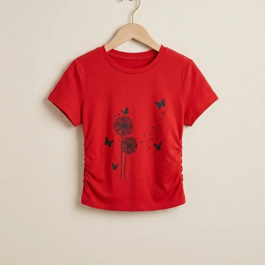 Camiseta de Estilo Casual con Diseño de Diente de León y Mariposas Rojo, Negra y Azul Talla S's photo #1