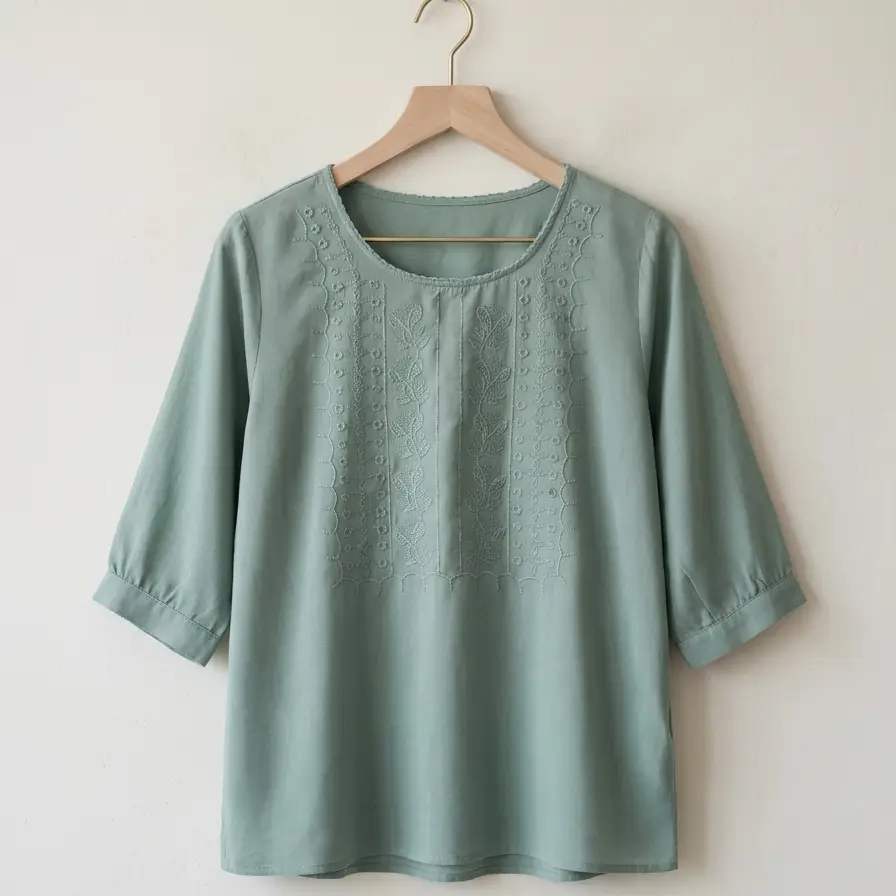 Blusa Bordada con Detalle de Flores – Estilo Casual y Elegante Tono Azul verdoso Talla 3XL's photo #1