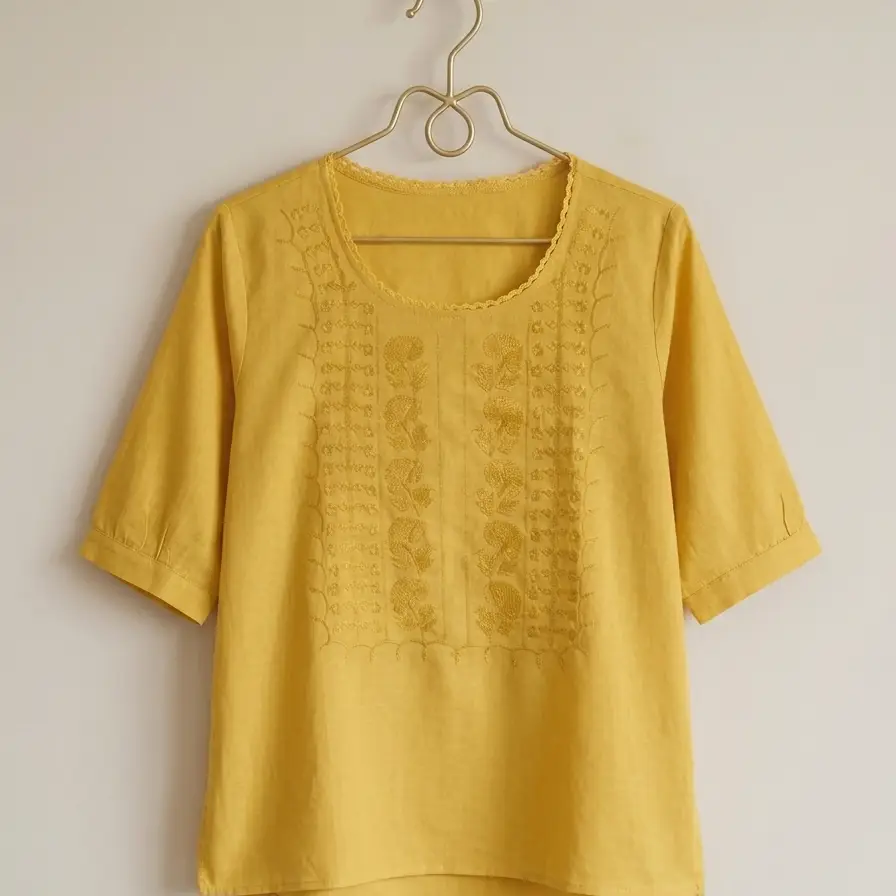 Blusa Bordada de Verano en Tono Amarillo Mostaza – Talla L's photo #1