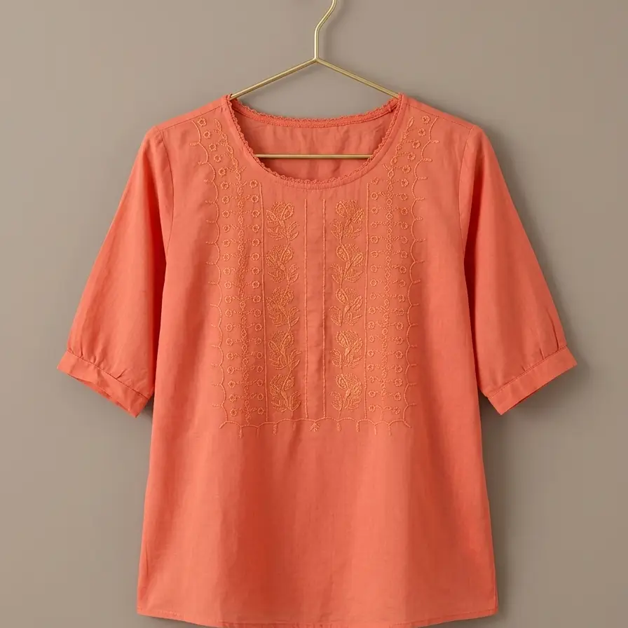 Blusa Bordada de Lino Tono Coral Encantador Talla L's photo #1