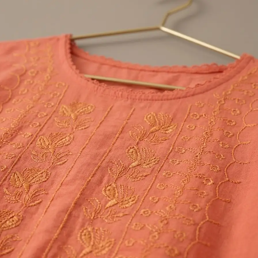 Blusa Bordada de Lino Tono Coral Encantador Talla L's photo #1