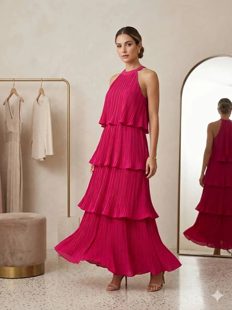 Vestido Maxi "Magenta Plissé" – Elegancia en Capas Talla S's foto | Luni Shop |  BizneCubano
