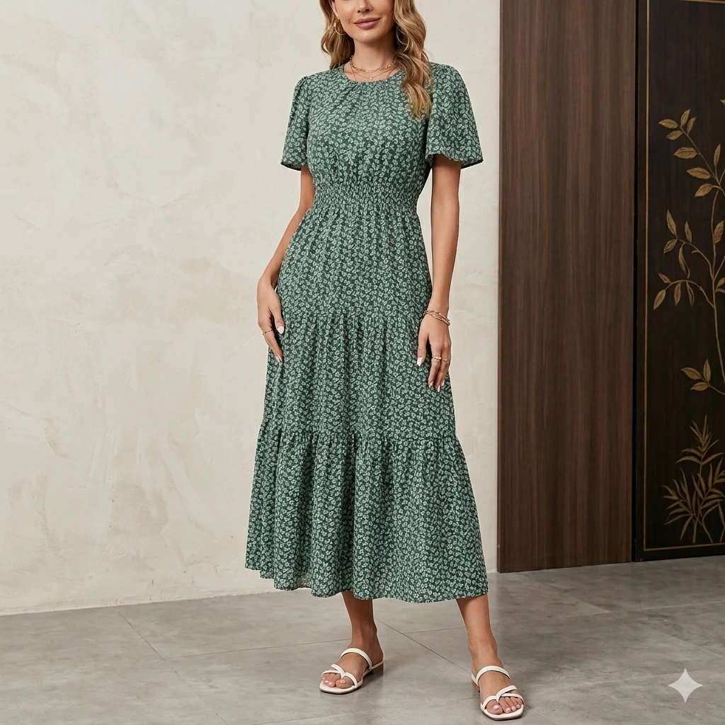 Vestido Midi Boho Verde Floral – Edición Smock Talla S's foto | Luni Shop |  BizneCubano