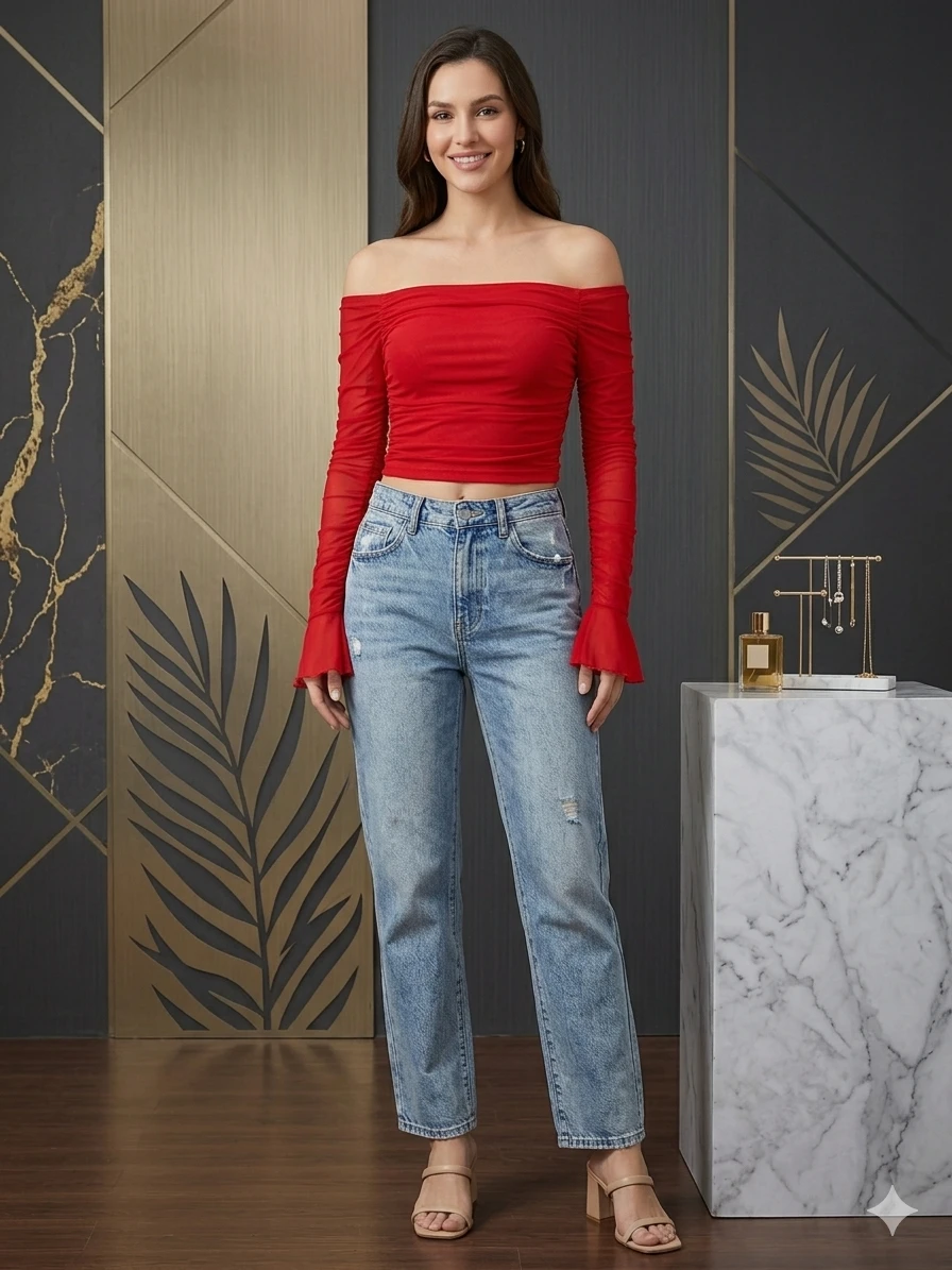 PrettyGarden - Top Bardot Fruncido con Mangas Acampanadas (Talla M)'s foto | Luni Shop |  BizneCubano